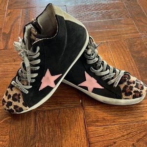 Golden Goose black, pony hair leopard, pink star slides